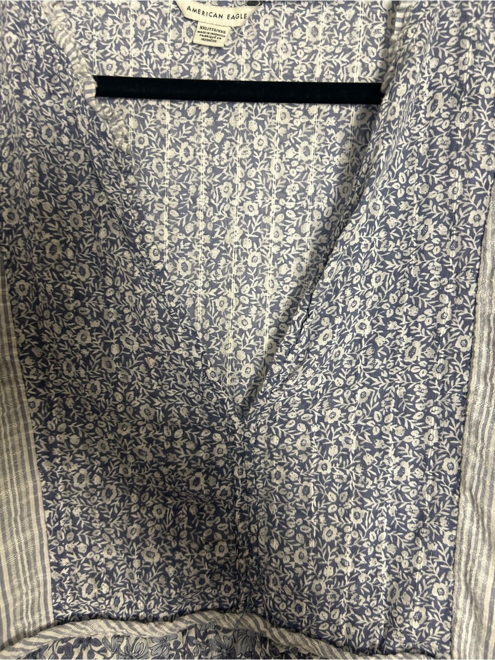 American Eagle Outfitters Blue & White Popover,V-neck Mixed-Print Peasant Blouse - Picture 2 of 8